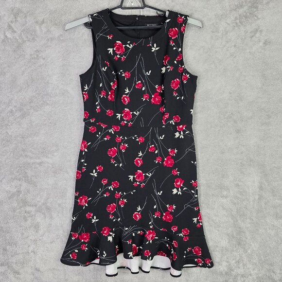Womens Roz & Ali Black & Red Floral Sleeveless Dress Scallop Hem Polyester 14 - Picture 2 of 9